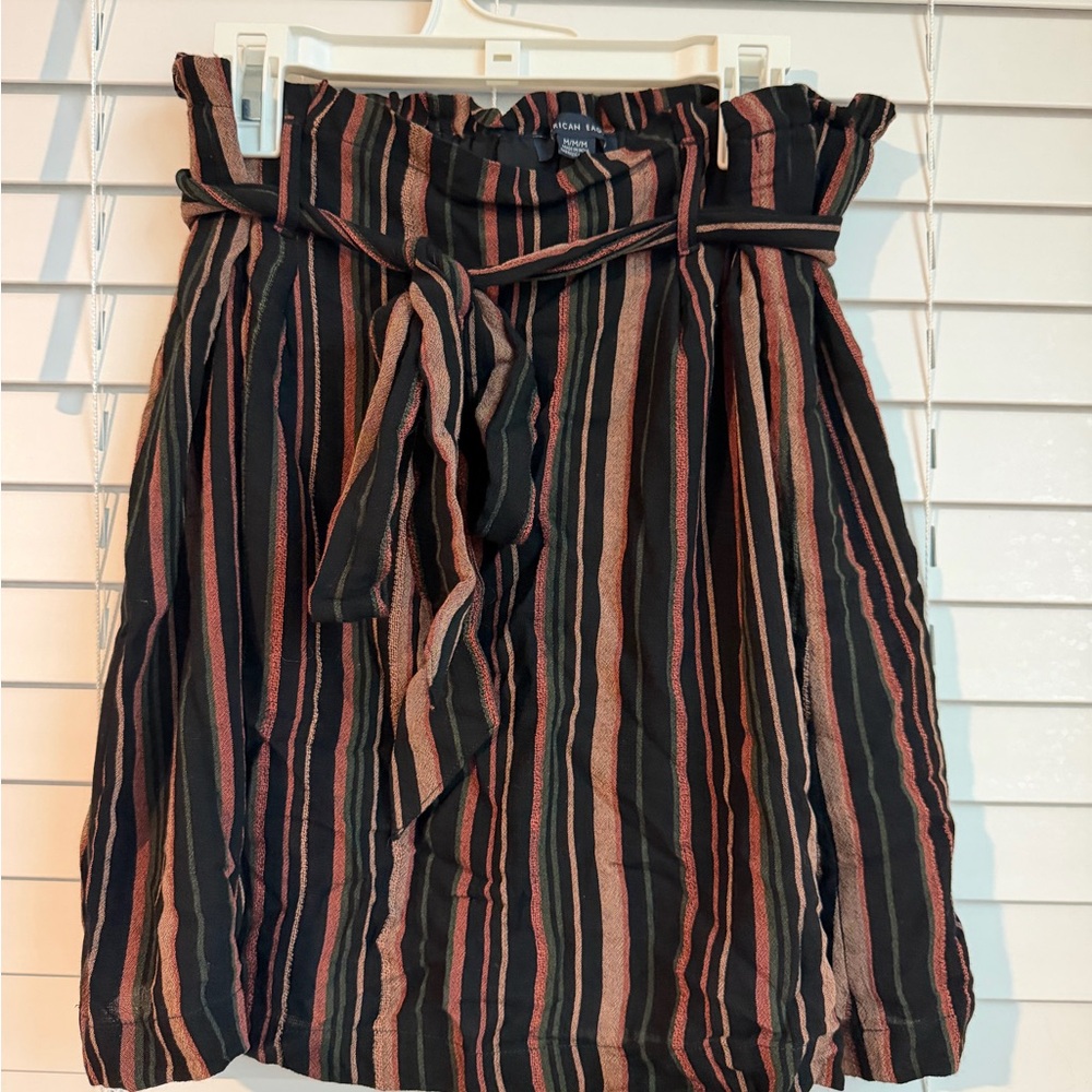 Paperbag Waist A-Line Skirt in Black and Earth Tone Stripes